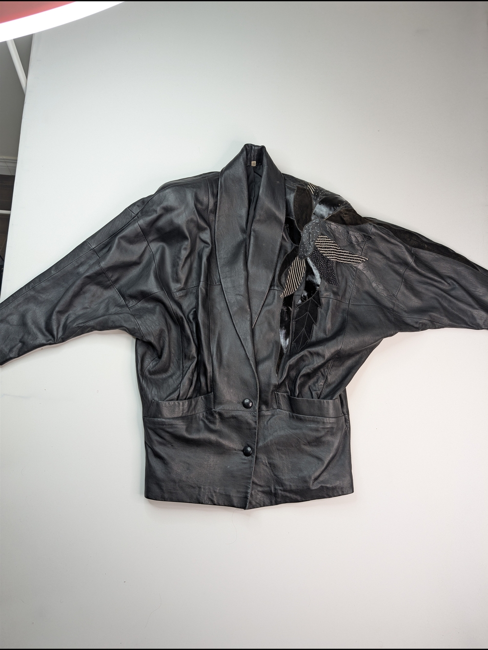 Vintage Black Women's Leather Button-Front Jacket with Embellished Shoulder - Picture 2 of 8